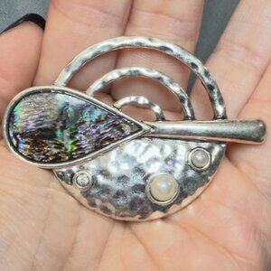 Abalone Brooch Abstract Modernist Hammered Silver Tone Artisan Pin Pendant 1.75